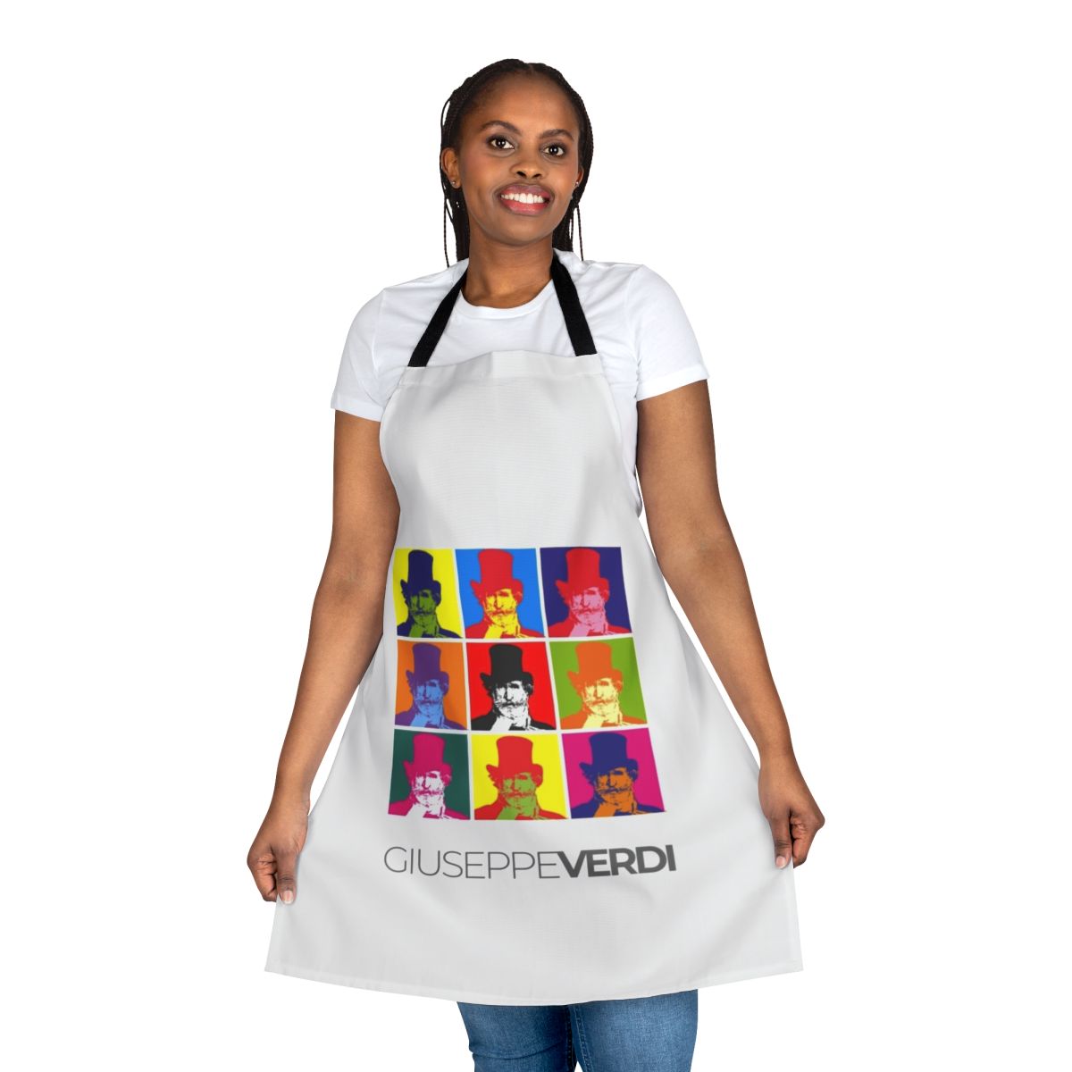 Colorful pop art style portrait of composer Giuseppe Verdi printed on a high-quality kitchen apron
