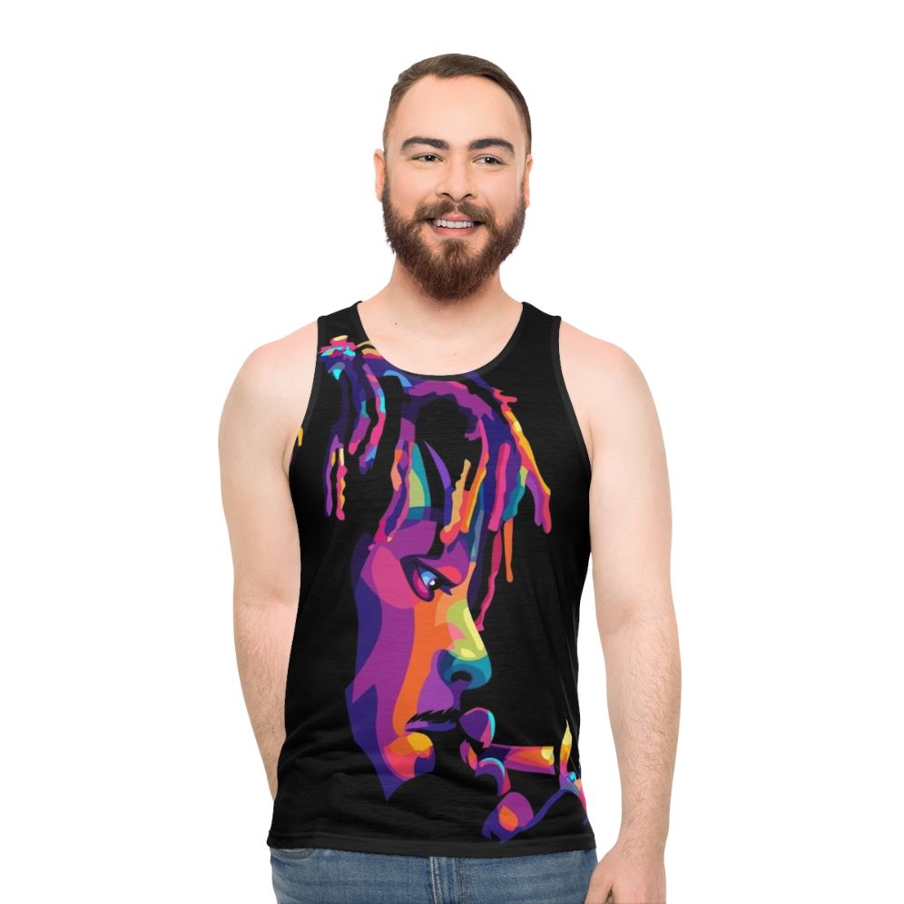 Vibrant pop art unisex tank top with "Legend Never Die 999" design