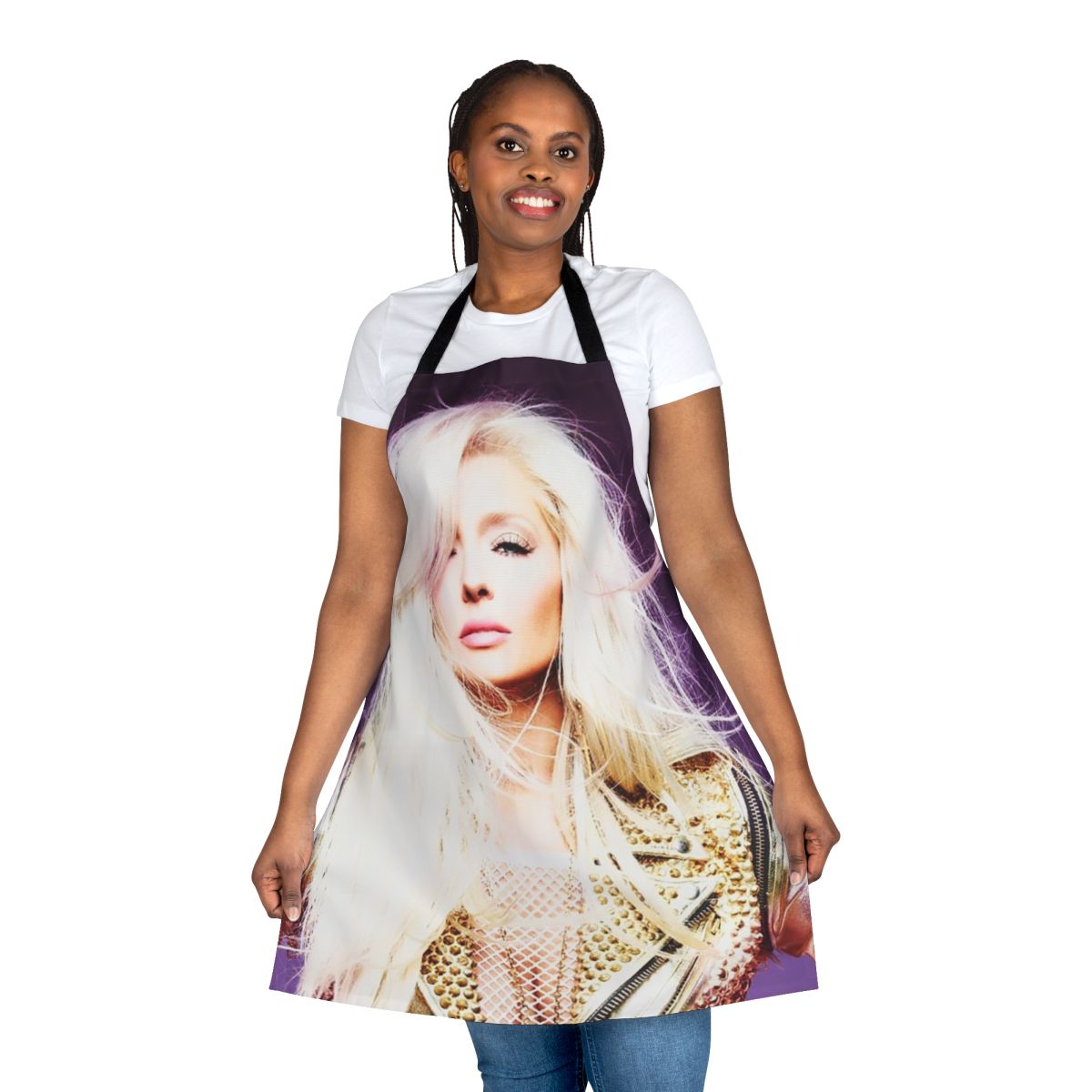 Colorful pop culture-inspired apron with dancing and music elements