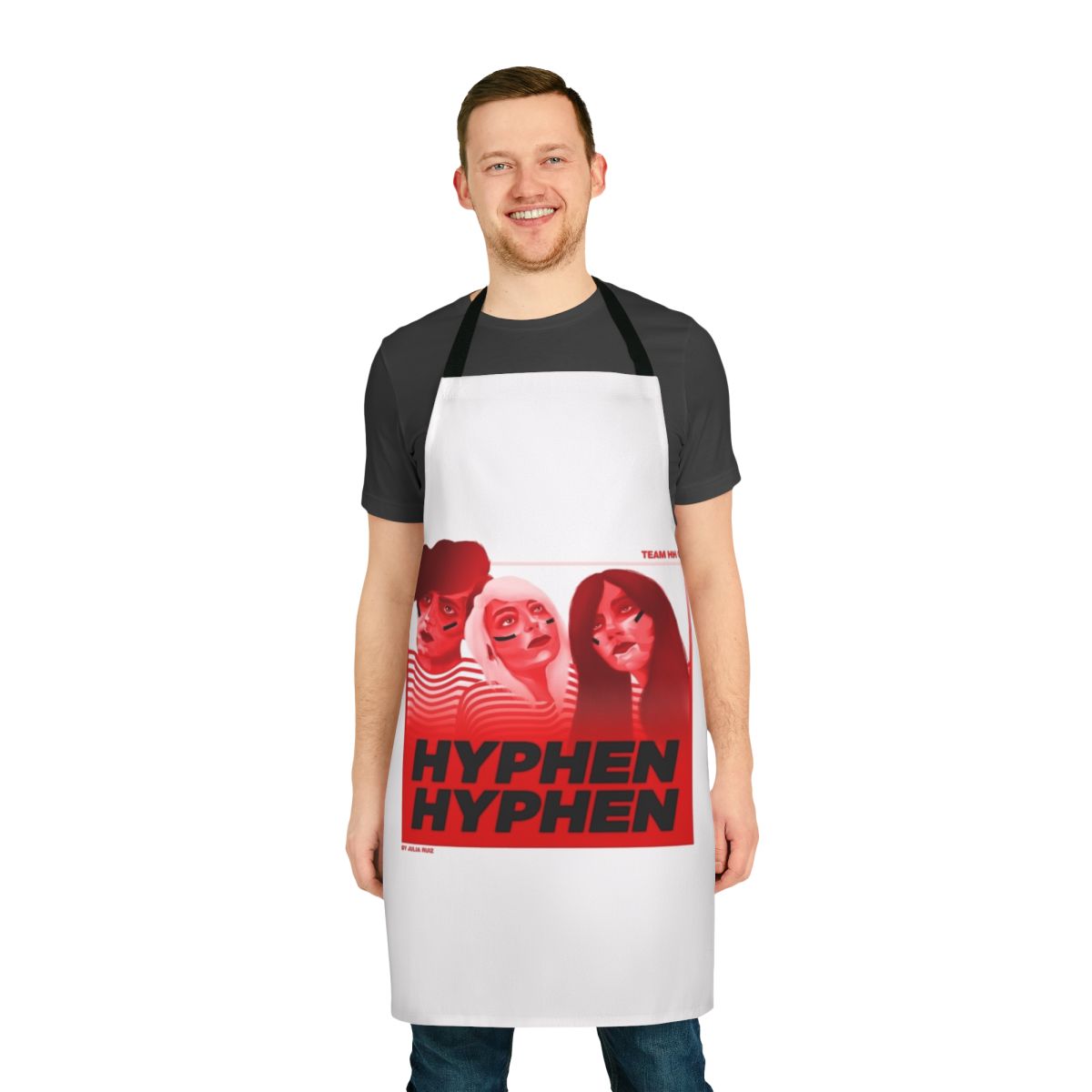Colorful apron featuring a pop music fan illustration in a French style
