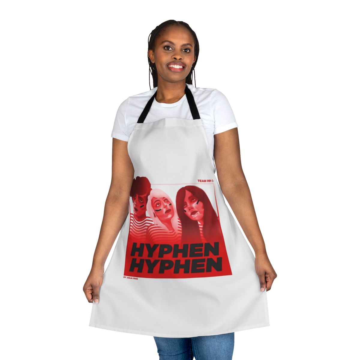 Colorful apron featuring a pop music fan illustration in a French style