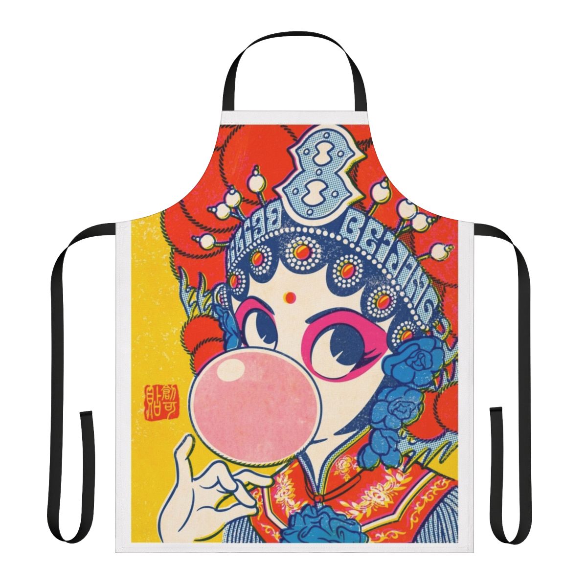 Colorful pop art-style apron featuring Chinese cultural elements