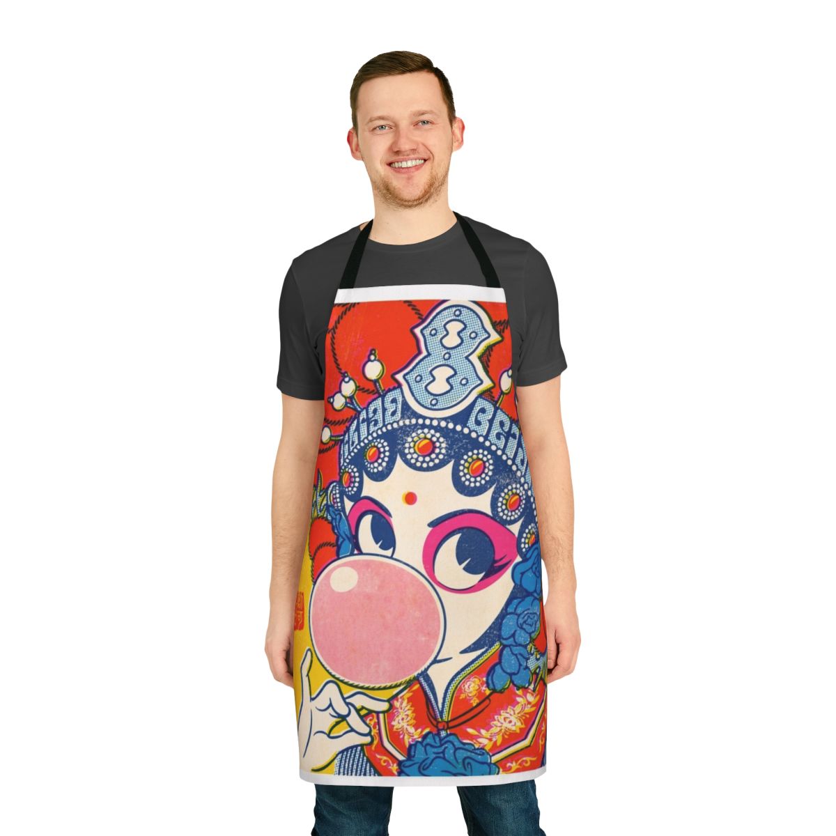 Colorful pop art-style apron featuring Chinese cultural elements