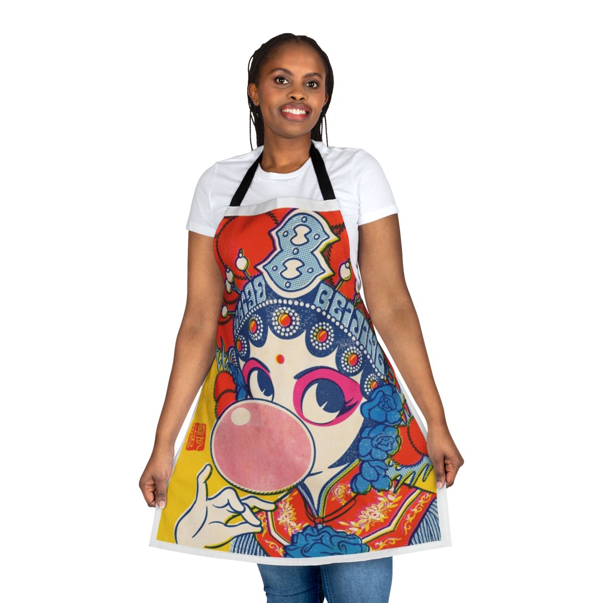 Colorful pop art-style apron featuring Chinese cultural elements