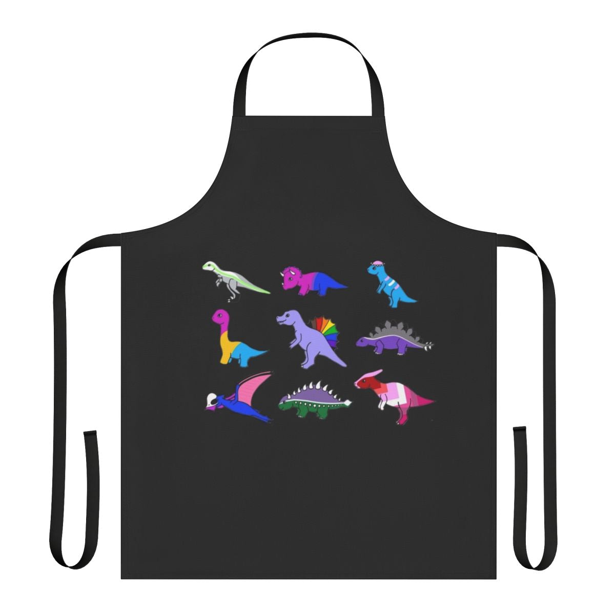 Colorful apron featuring a playful dinosaur design in pride colors