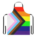 Colorful pride flag apron with inclusive, progress, and rainbow designs