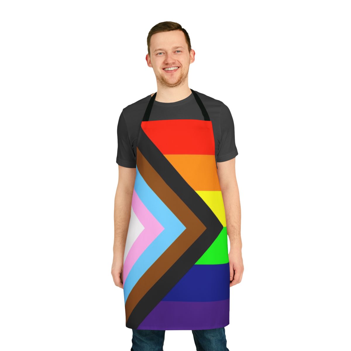 Colorful pride flag apron with inclusive, progress, and rainbow designs