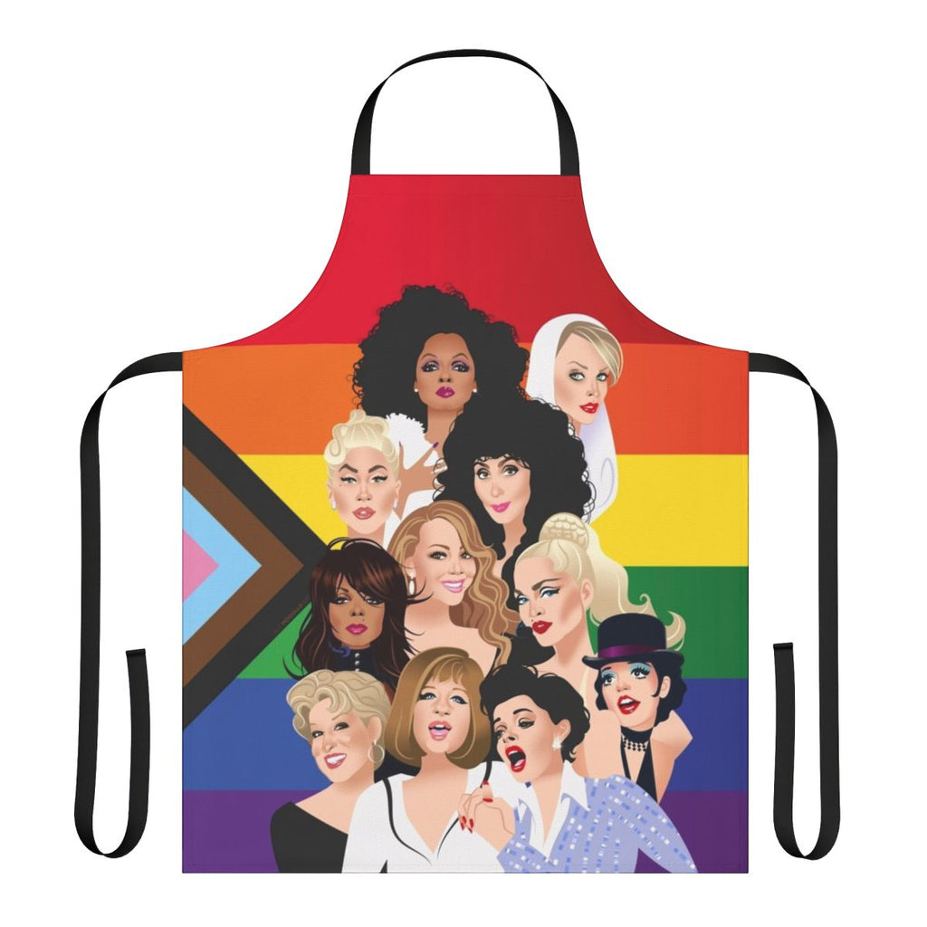 Colorful apron with pride flag design, featuring a diverse group of people