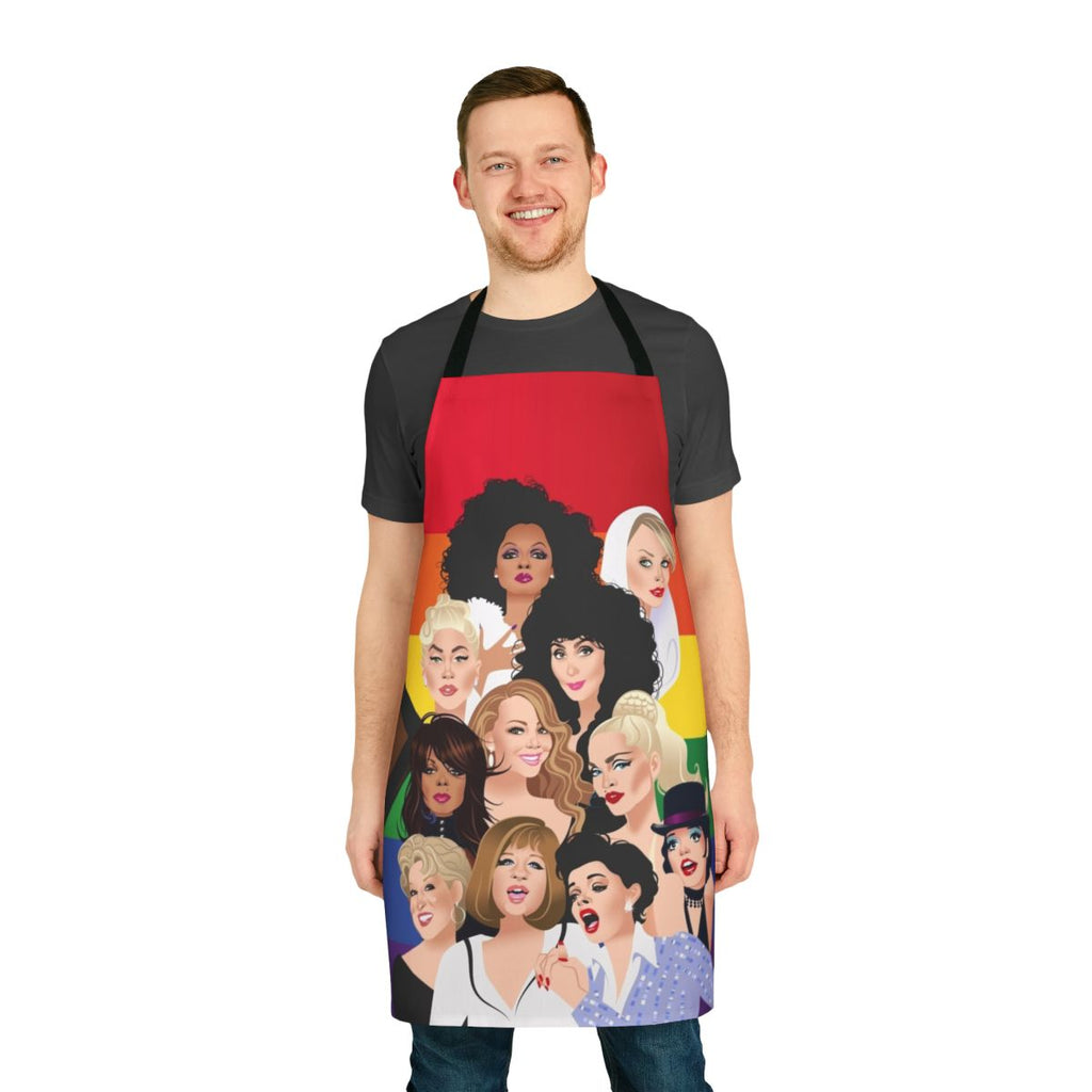 Colorful apron with pride flag design, featuring a diverse group of people