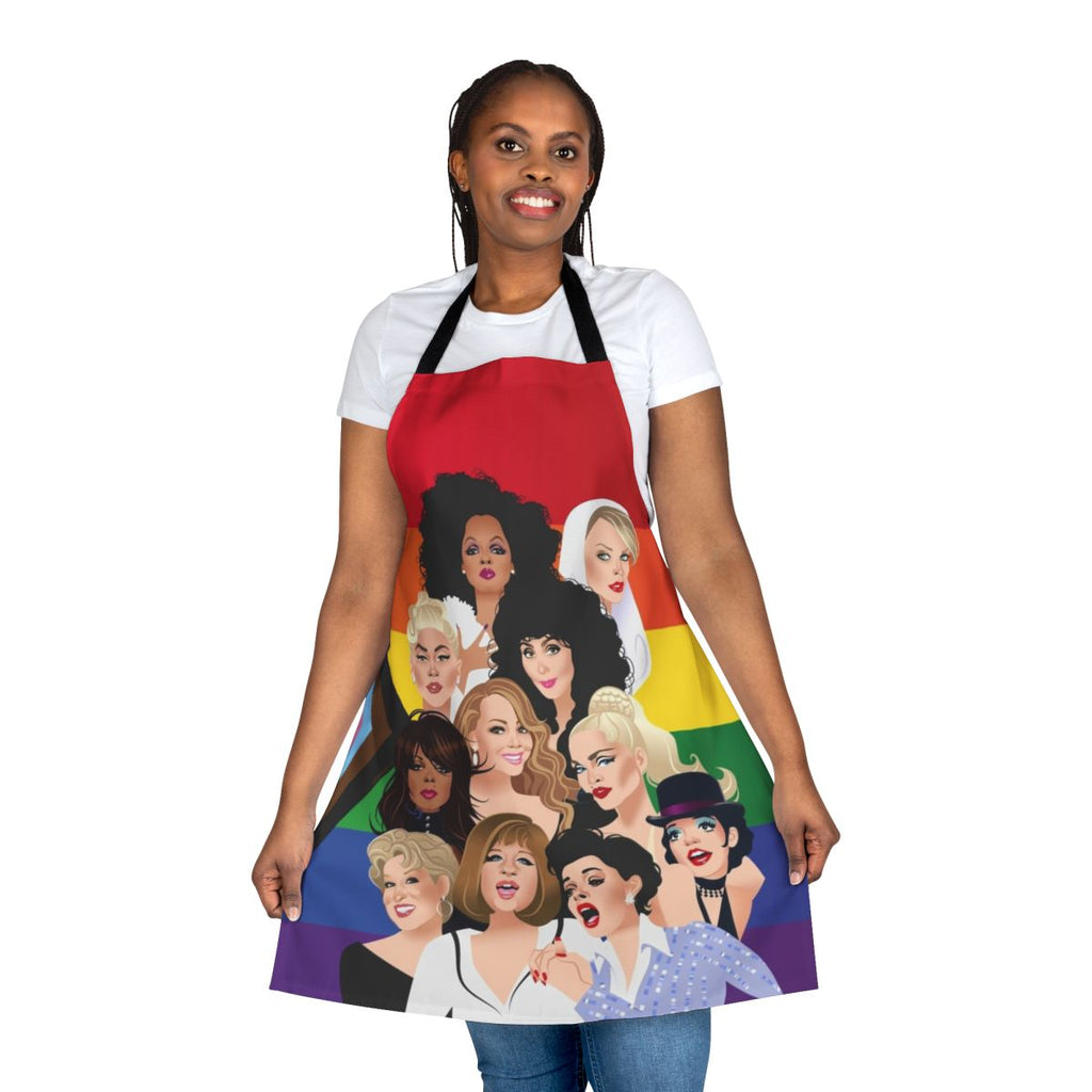 Colorful apron with pride flag design, featuring a diverse group of people