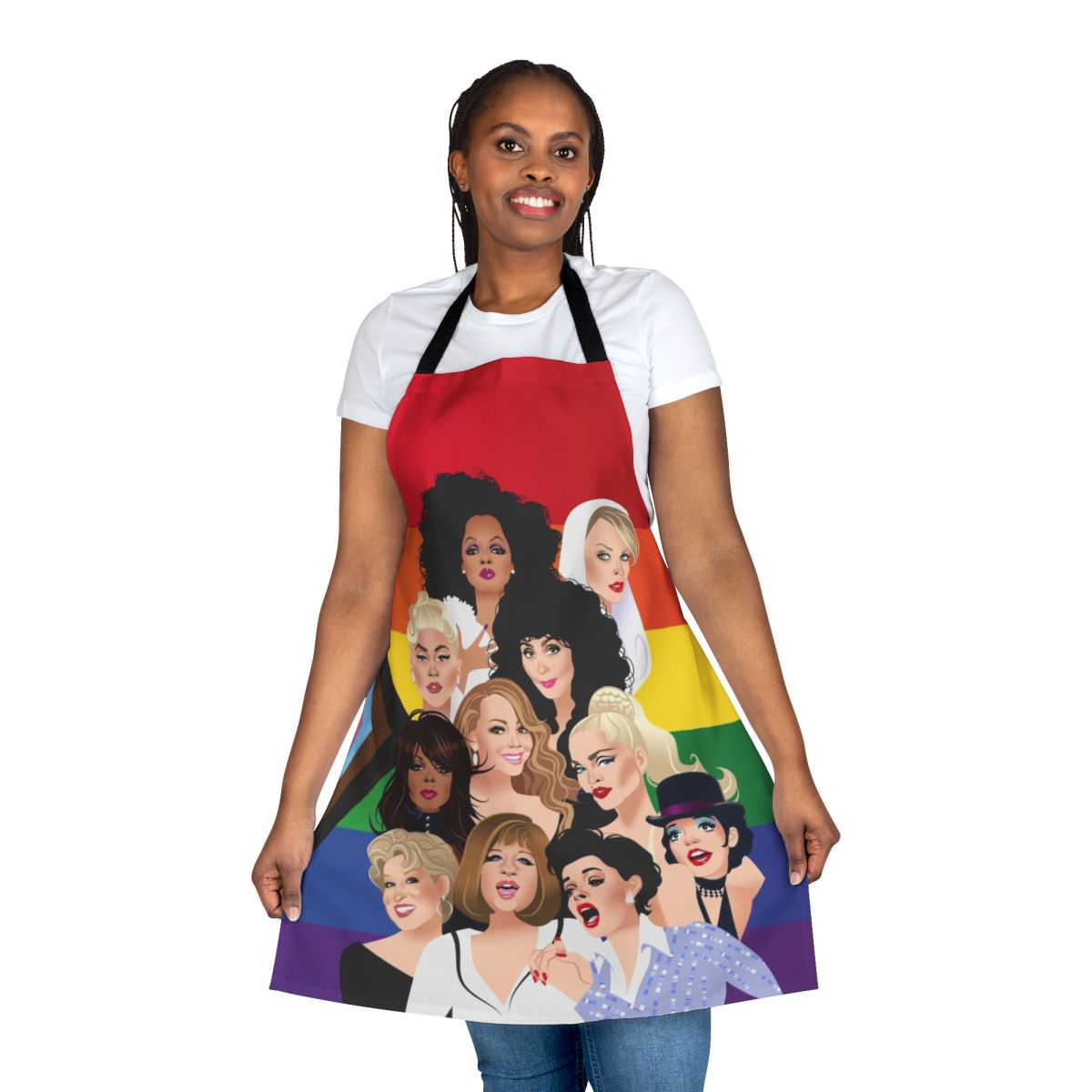 Colorful apron with pride flag design, featuring a diverse group of people