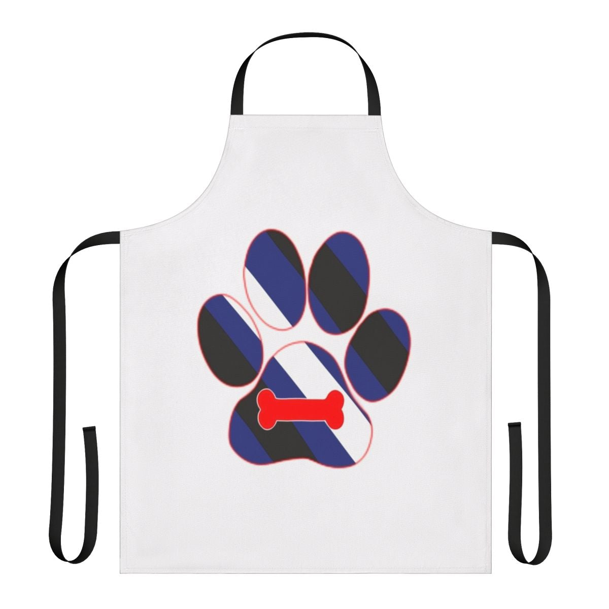 Colorful apron with a puppy paw print design and LGBTQ pride flag motif