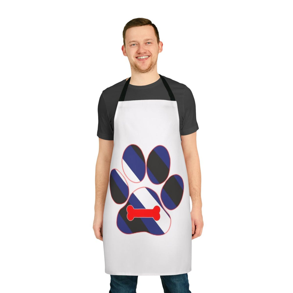 Colorful apron with a puppy paw print design and LGBTQ pride flag motif