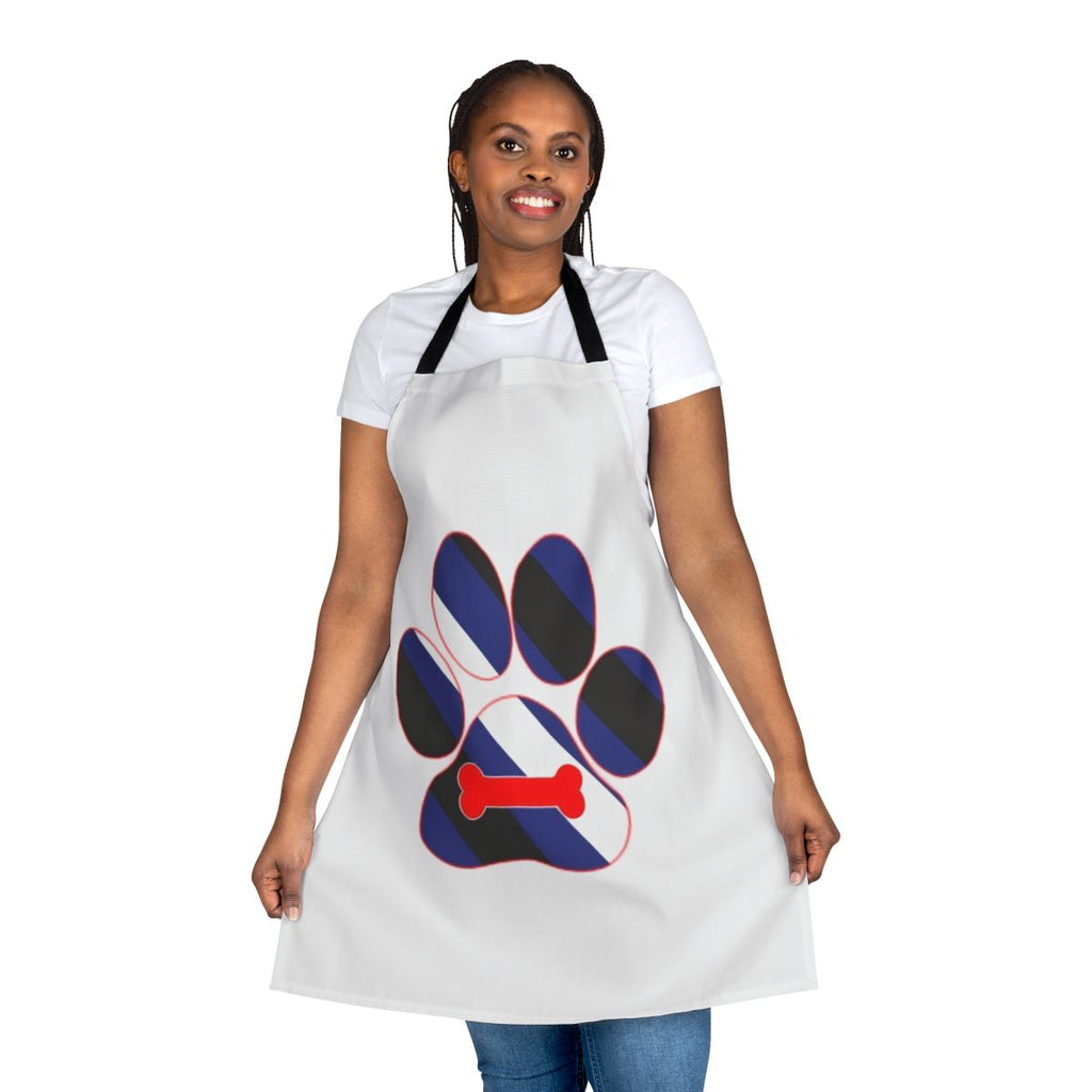 Colorful apron with a puppy paw print design and LGBTQ pride flag motif