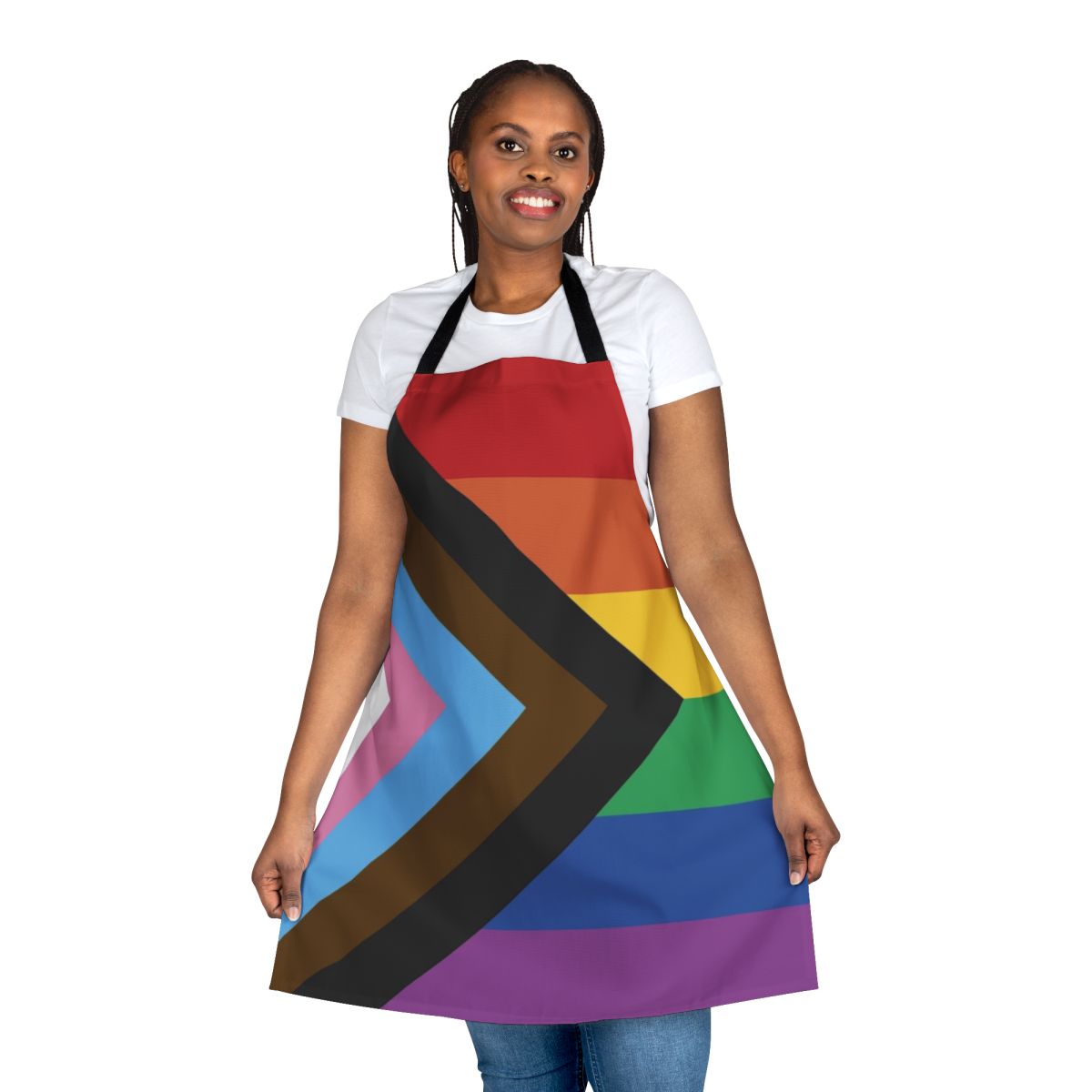 Colorful progress pride flag design printed on a high-quality apron