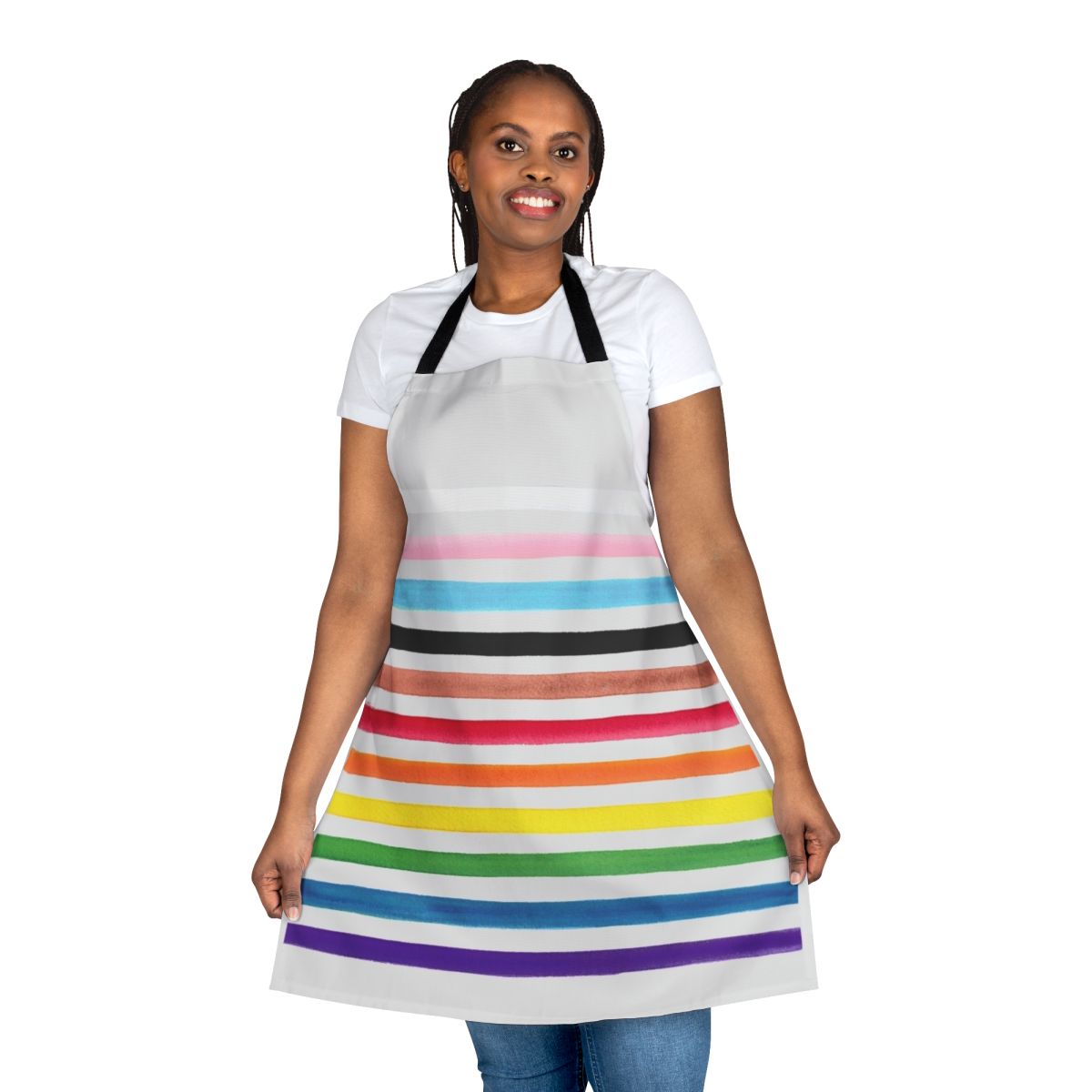 Colorful progress pride flag pattern printed on a high-quality apron