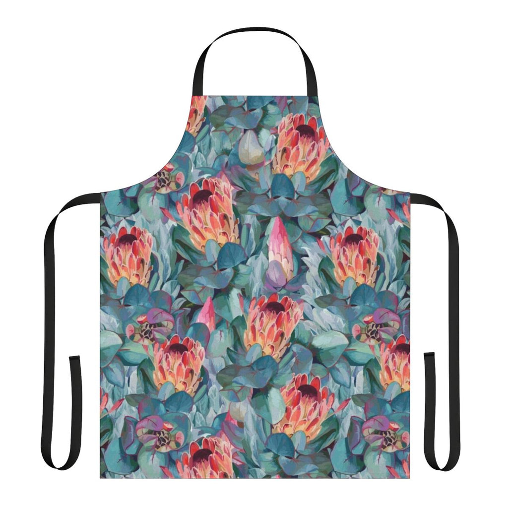 Apron featuring a vibrant, watercolor-style print of protea flowers and tropical foliage