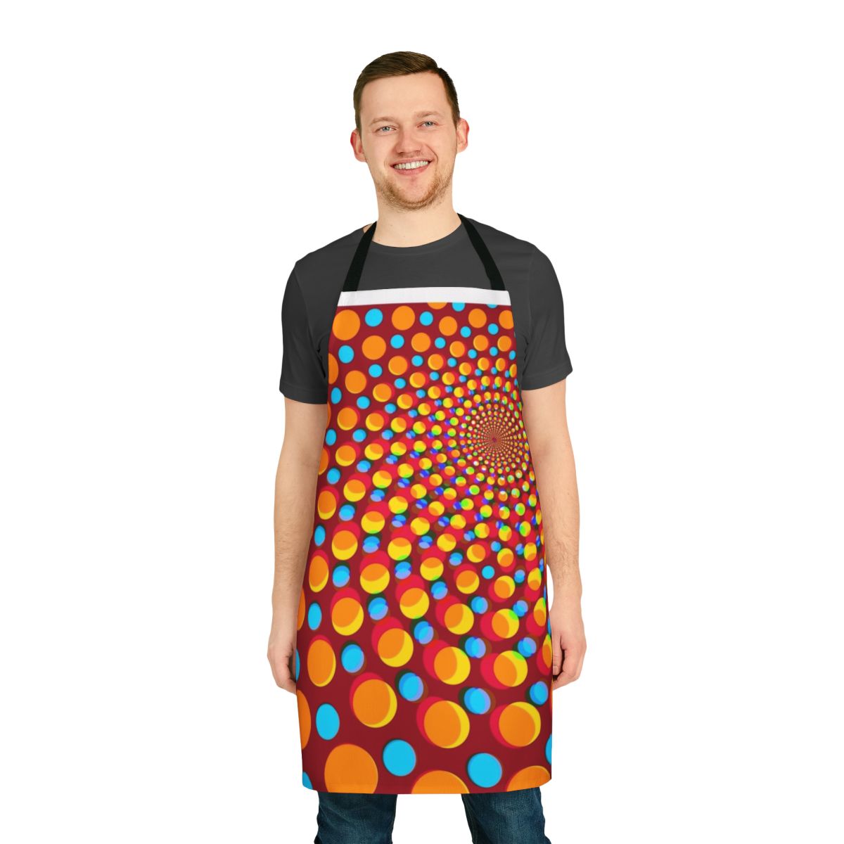 Colorful, neon geometric pattern apron with optical illusion design, perfect for raves and festivals.