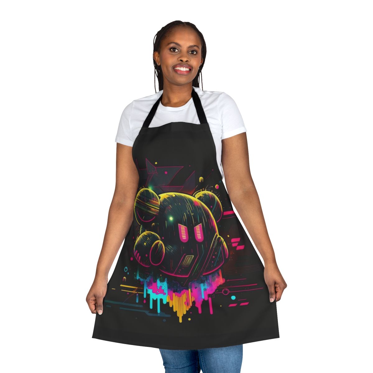Colorful and surreal apron featuring a psychedelic Kirby-inspired design