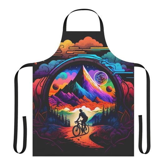 Colorful, trippy, and visionary apron design featuring a psychedelic bicycle motif