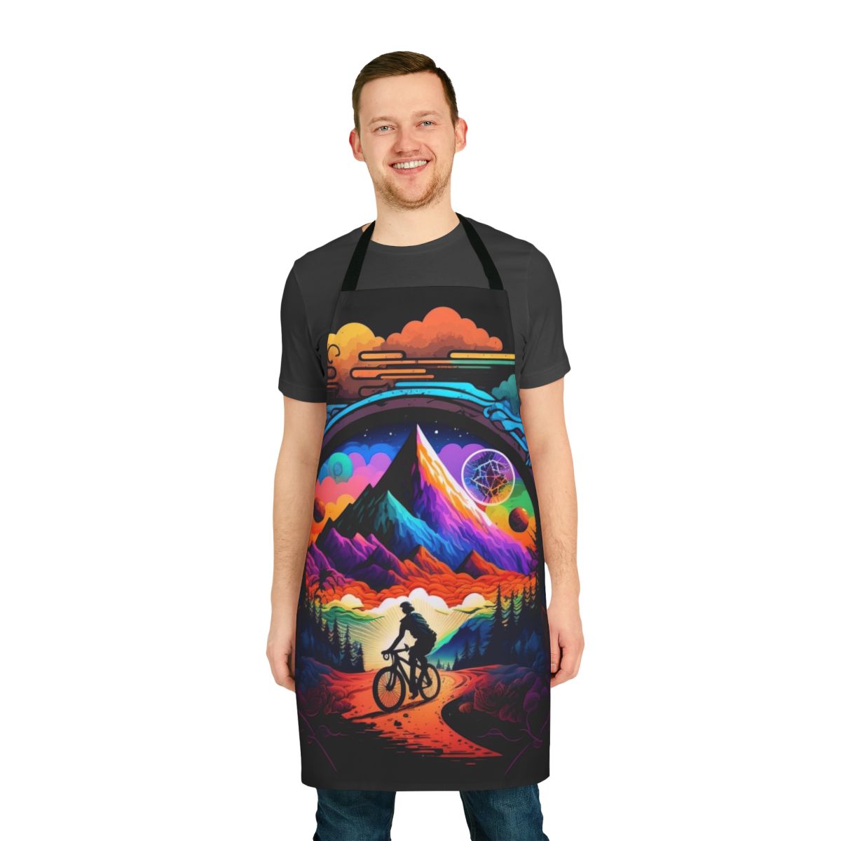 Colorful, trippy, and visionary apron design featuring a psychedelic bicycle motif