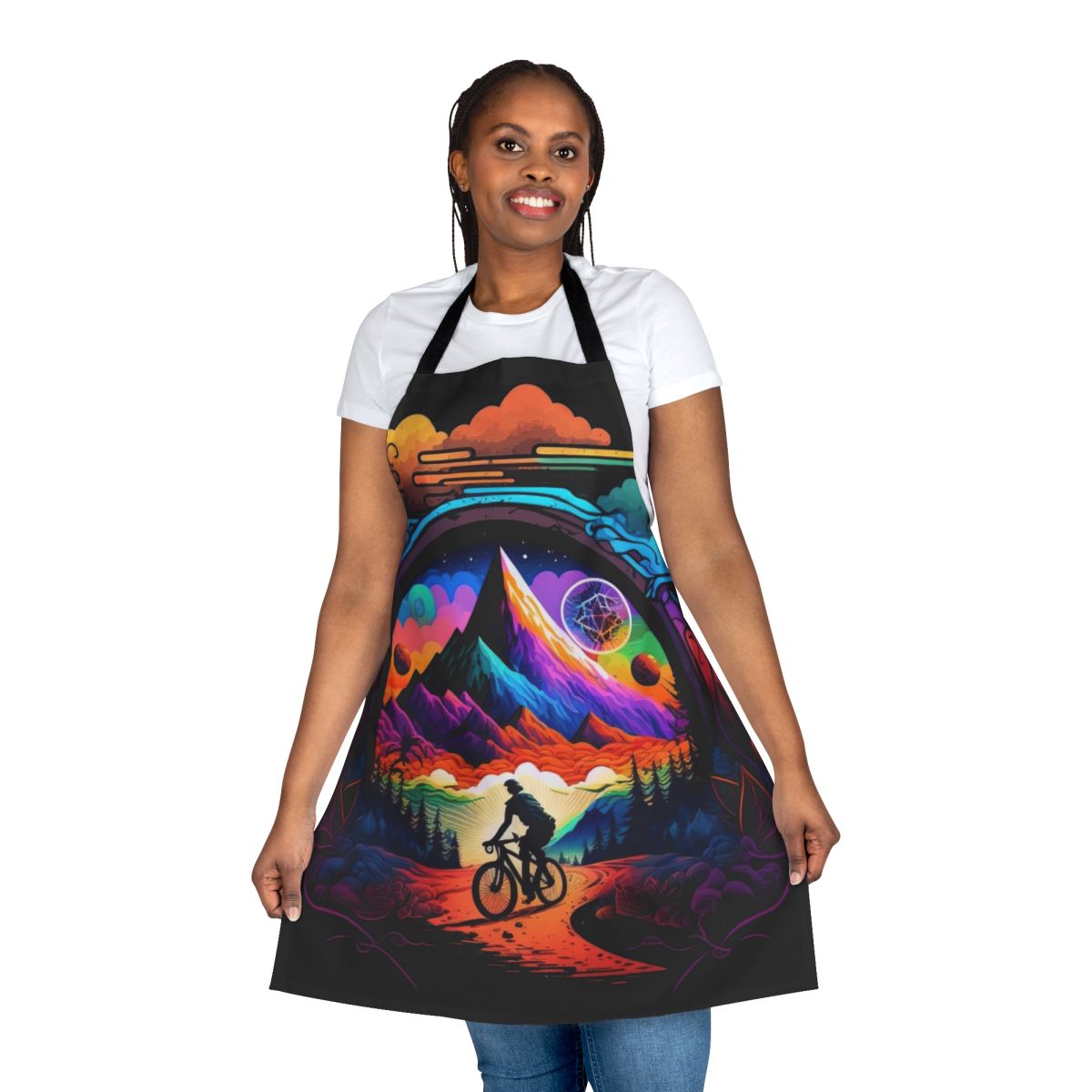 Colorful, trippy, and visionary apron design featuring a psychedelic bicycle motif
