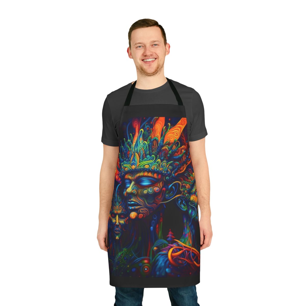 Vibrant, colorful abstract psychedelic art pattern printed on a high-quality kitchen apron