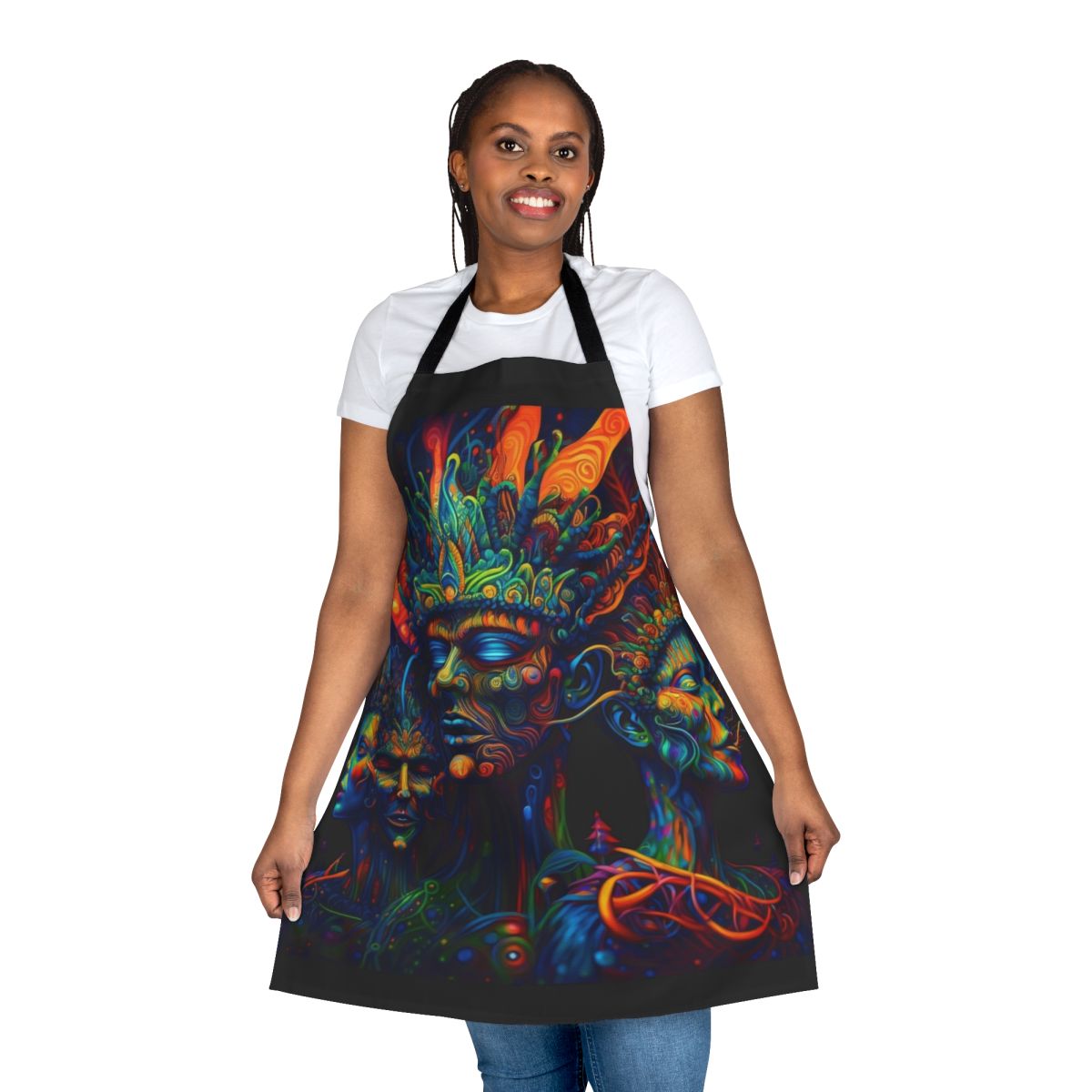 Vibrant, colorful abstract psychedelic art pattern printed on a high-quality kitchen apron
