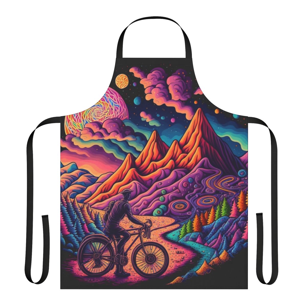 Colorful, trippy apron with psychedelic bicycle artwork