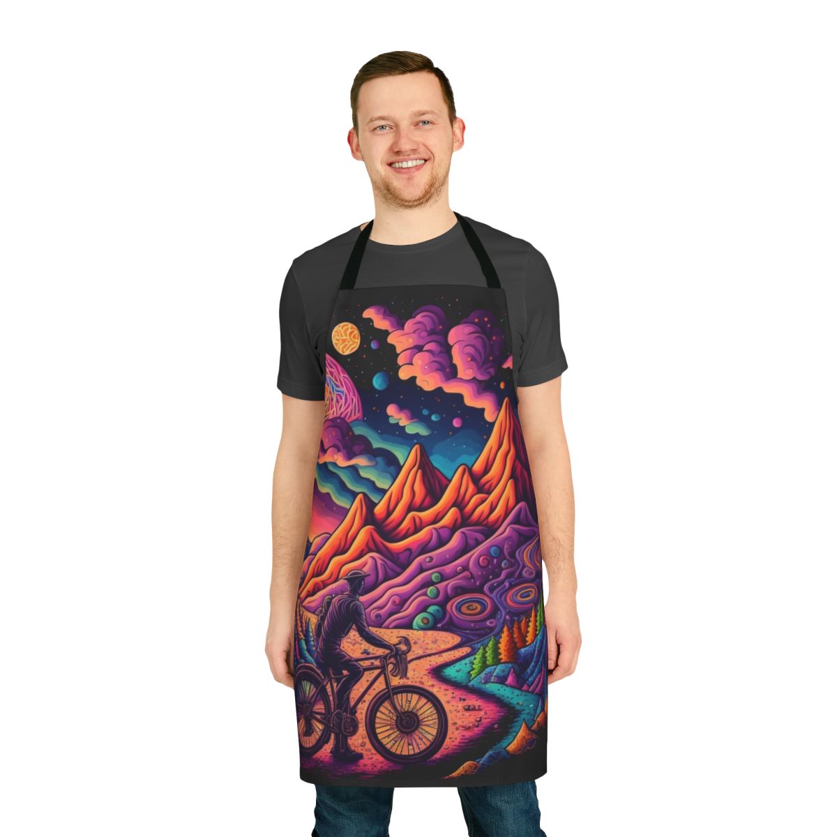 Colorful, trippy apron with psychedelic bicycle artwork