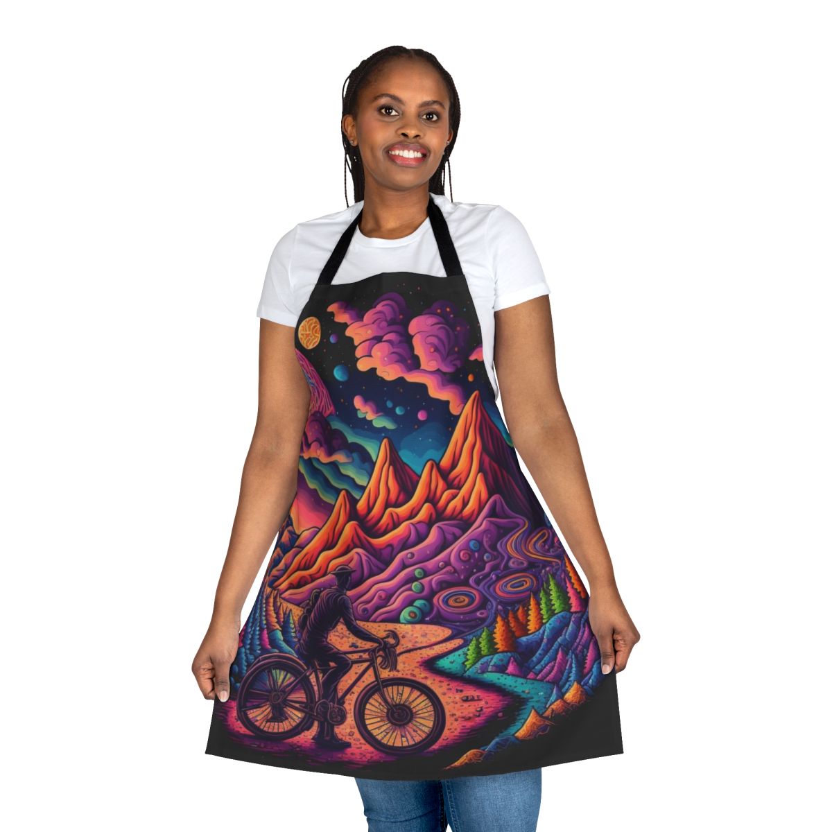 Colorful, trippy apron with psychedelic bicycle artwork