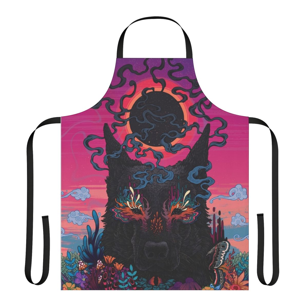 Colorful and vibrant psychedelic dog-themed apron with neon, surreal floral patterns