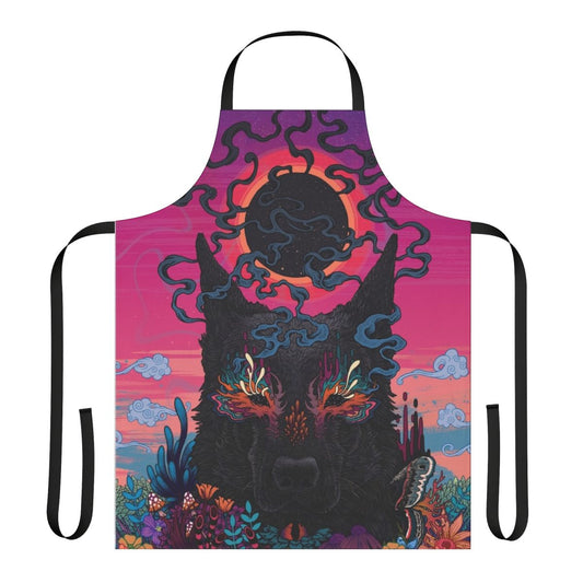 Colorful and vibrant psychedelic dog-themed apron with neon, surreal floral patterns