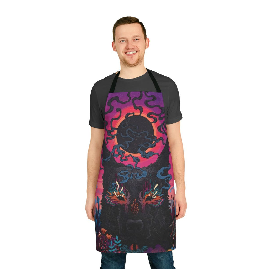 Colorful and vibrant psychedelic dog-themed apron with neon, surreal floral patterns