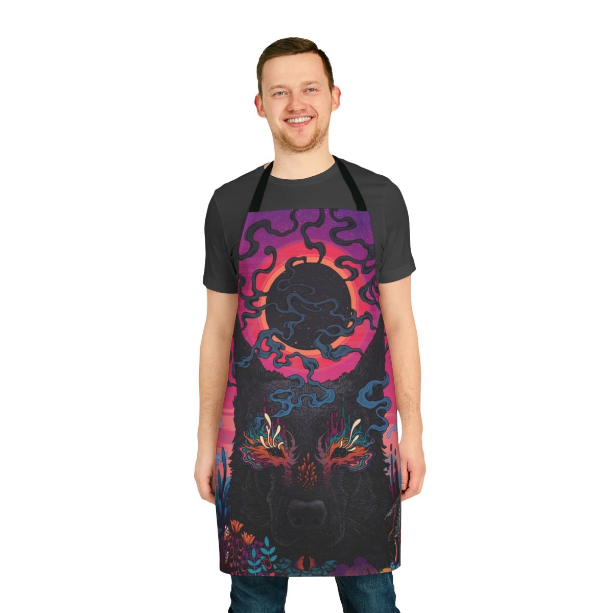 Colorful and vibrant psychedelic dog-themed apron with neon, surreal floral patterns