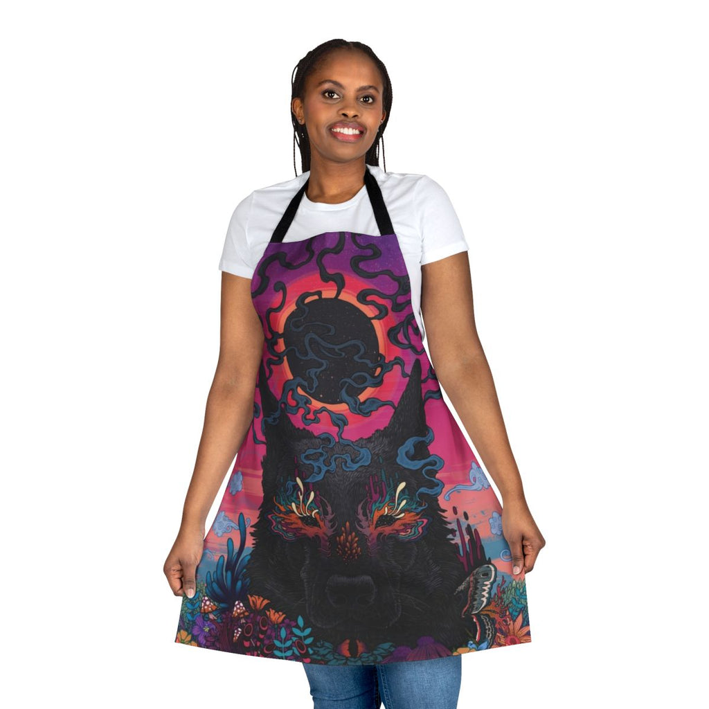 Colorful and vibrant psychedelic dog-themed apron with neon, surreal floral patterns