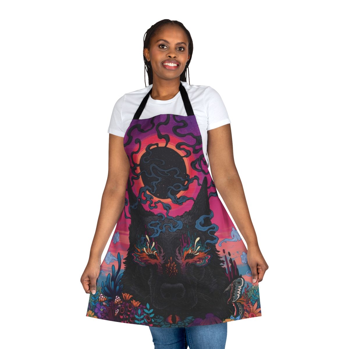 Colorful and vibrant psychedelic dog-themed apron with neon, surreal floral patterns