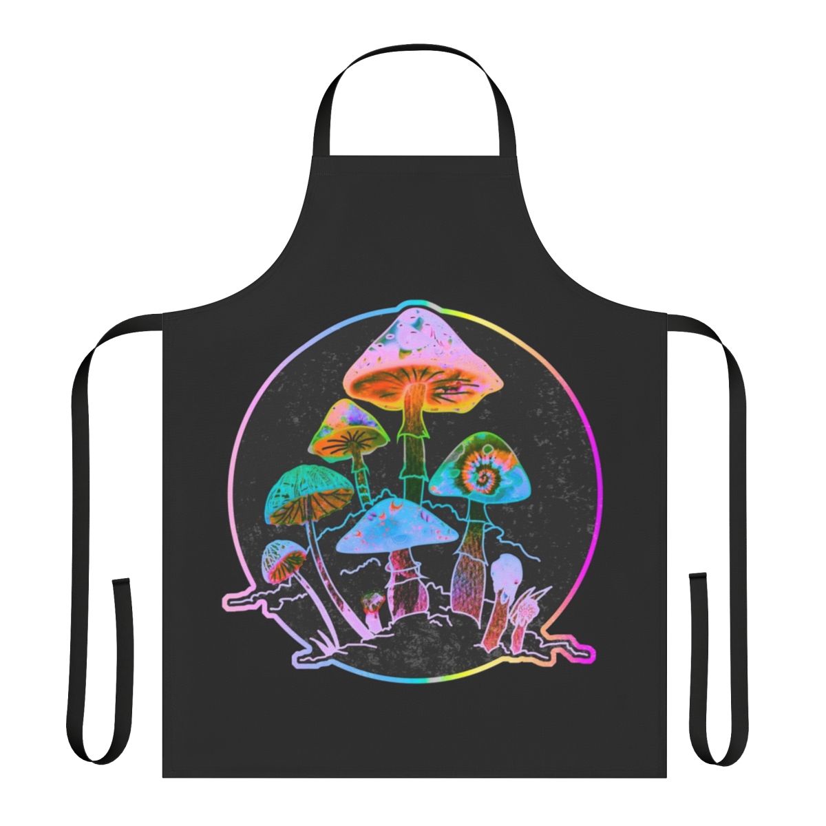 Colorful, trippy apron featuring abstract mushroom-inspired design
