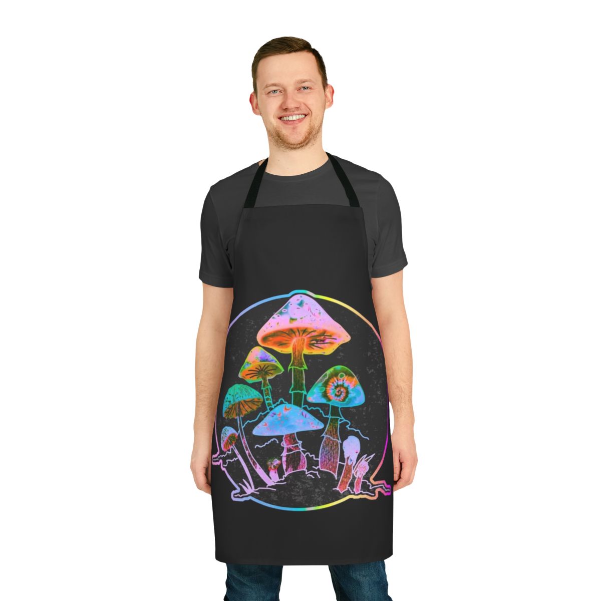 Colorful, trippy apron featuring abstract mushroom-inspired design