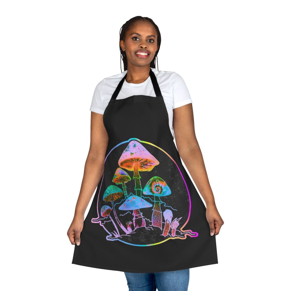 Colorful, trippy apron featuring abstract mushroom-inspired design