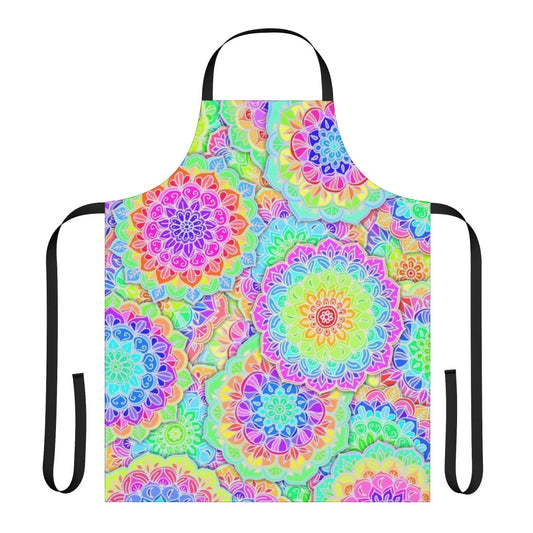Colorful psychedelic-inspired apron with mandala and doodle patterns in bright neon rainbow hues