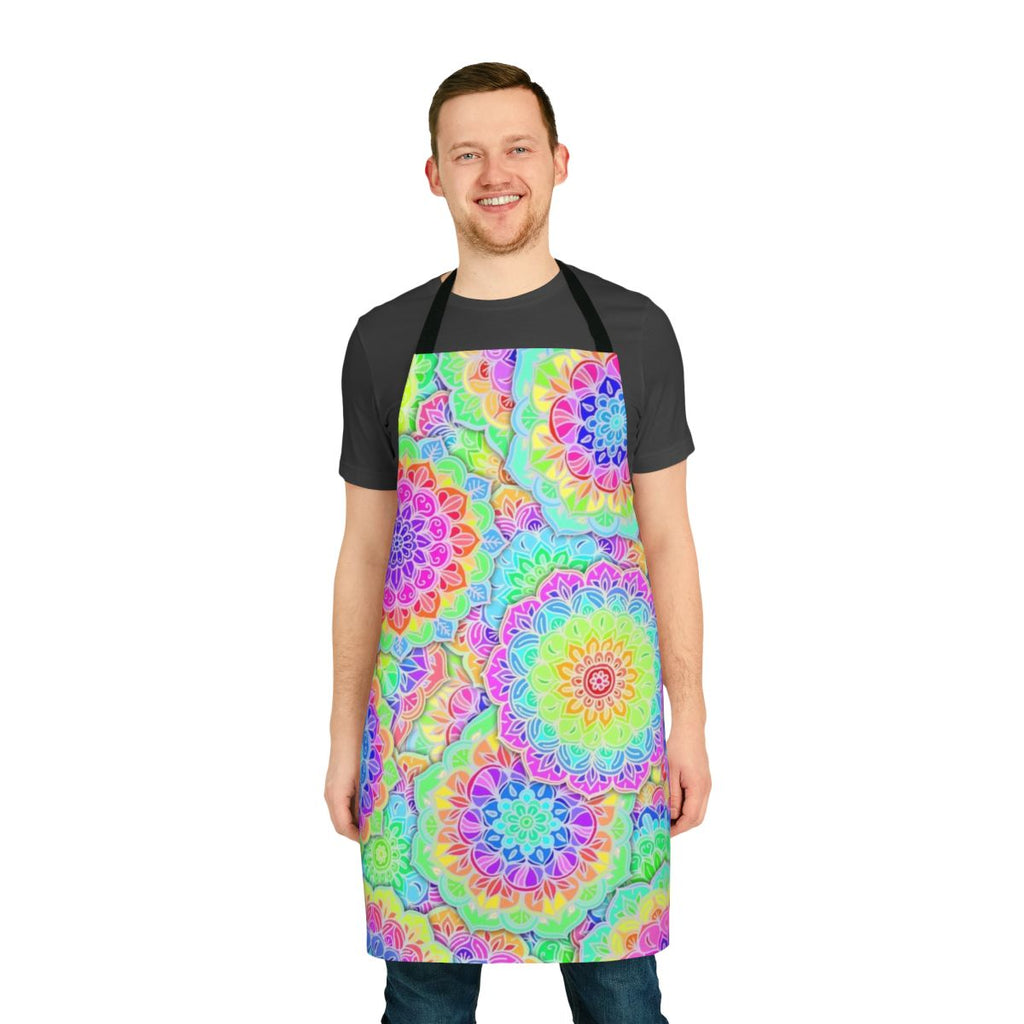 Colorful psychedelic-inspired apron with mandala and doodle patterns in bright neon rainbow hues