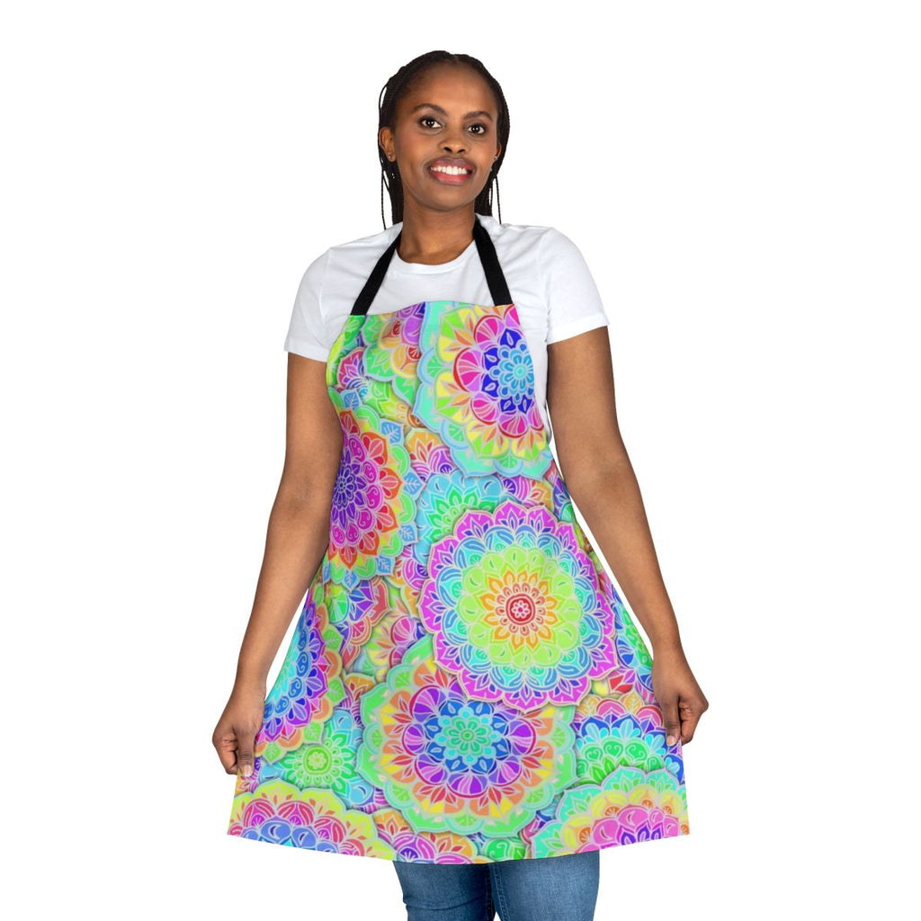 Colorful psychedelic-inspired apron with mandala and doodle patterns in bright neon rainbow hues
