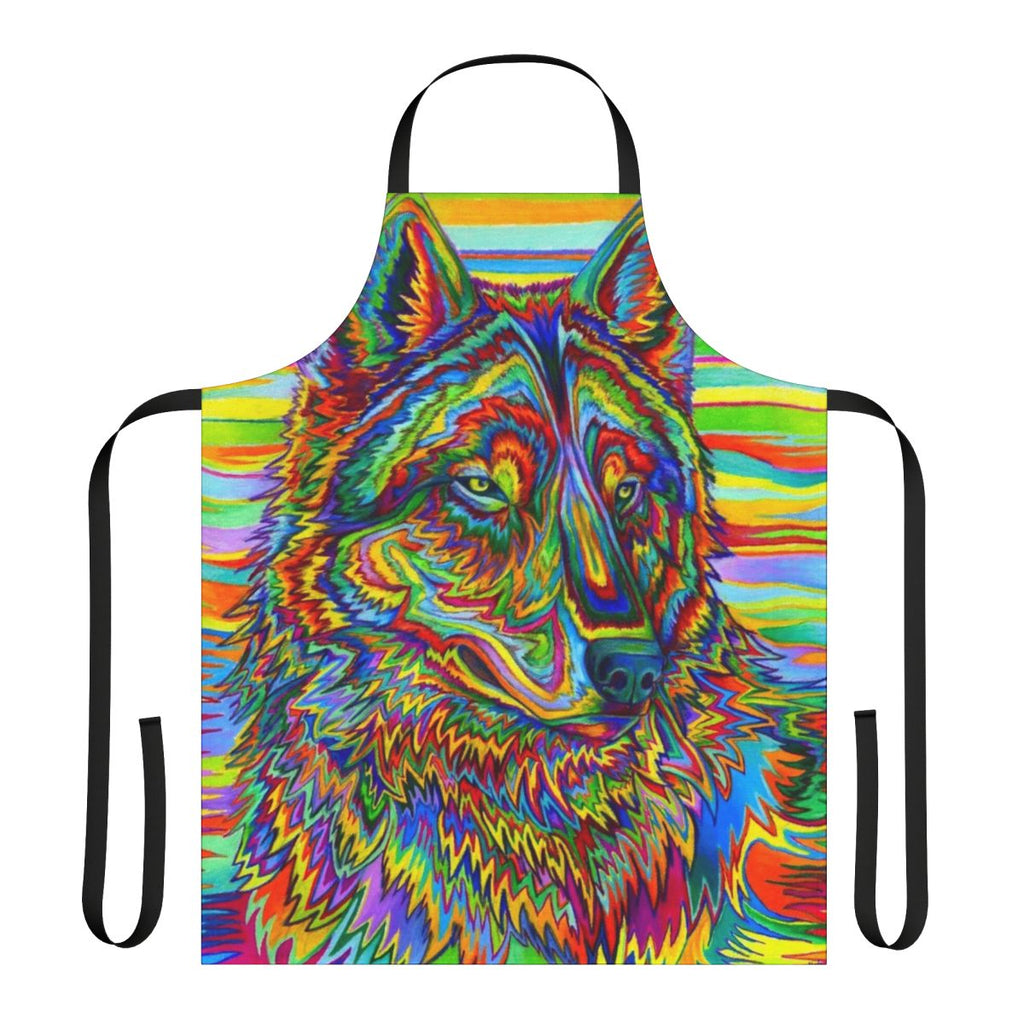 Colorful psychedelic wolf design on an apron with a vivid, trippy, and vibrant pattern.