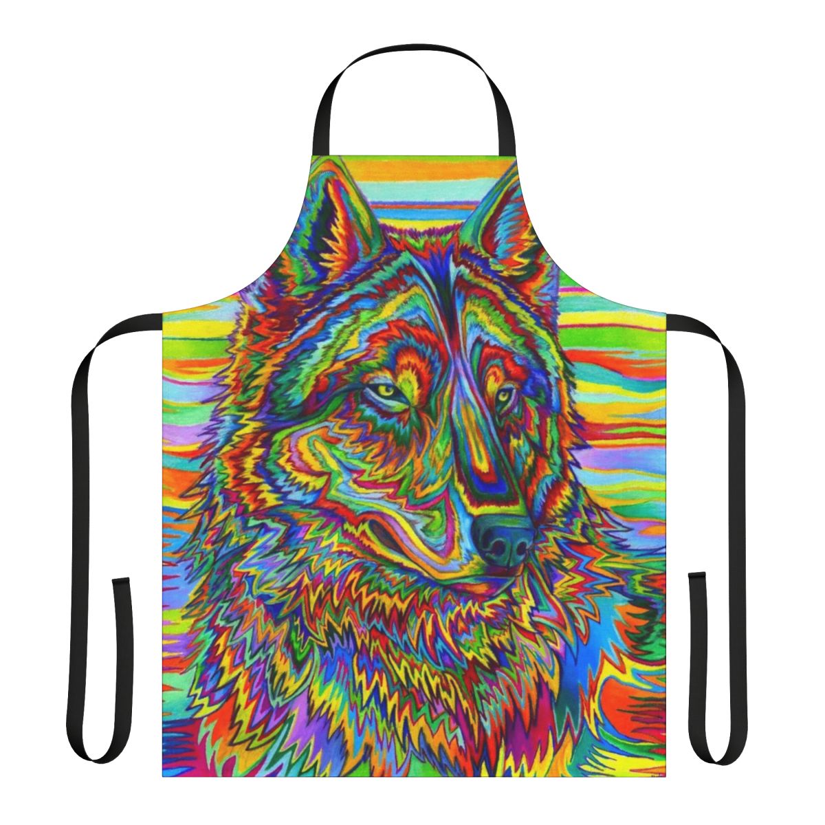 Colorful psychedelic wolf design on an apron with a vivid, trippy, and vibrant pattern.
