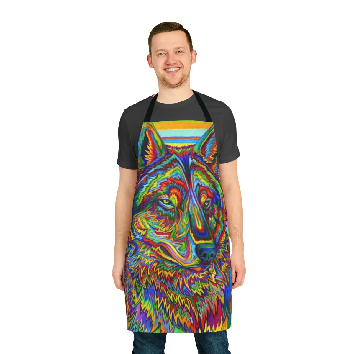 Colorful psychedelic wolf design on an apron with a vivid, trippy, and vibrant pattern.