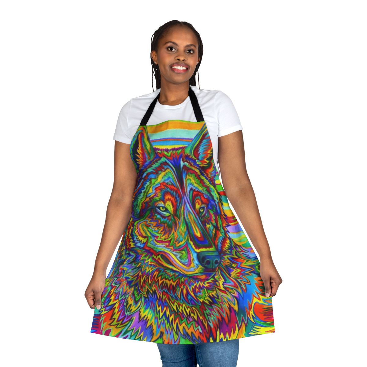 Colorful psychedelic wolf design on an apron with a vivid, trippy, and vibrant pattern.