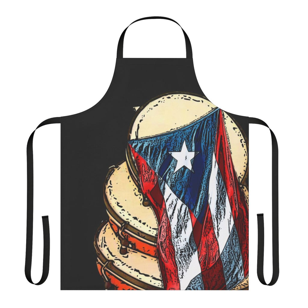 Puerto Rican plenera and flag apron showcasing Taíno art, cuatro, and traditional Puerto Rican music symbols
