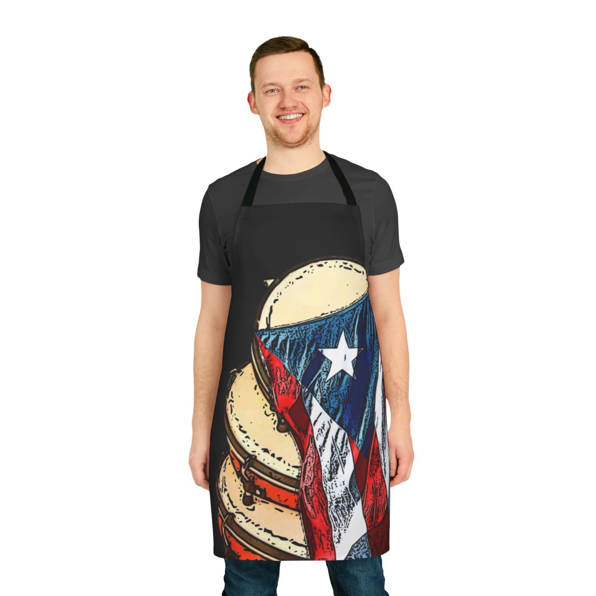 Puerto Rican plenera and flag apron showcasing Taíno art, cuatro, and traditional Puerto Rican music symbols