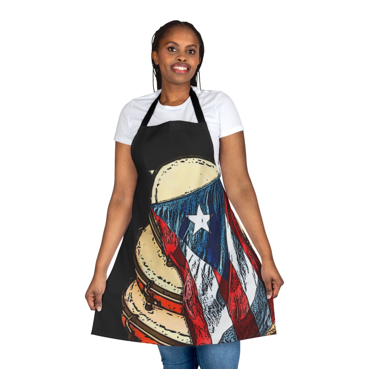 Puerto Rican plenera and flag apron showcasing Taíno art, cuatro, and traditional Puerto Rican music symbols